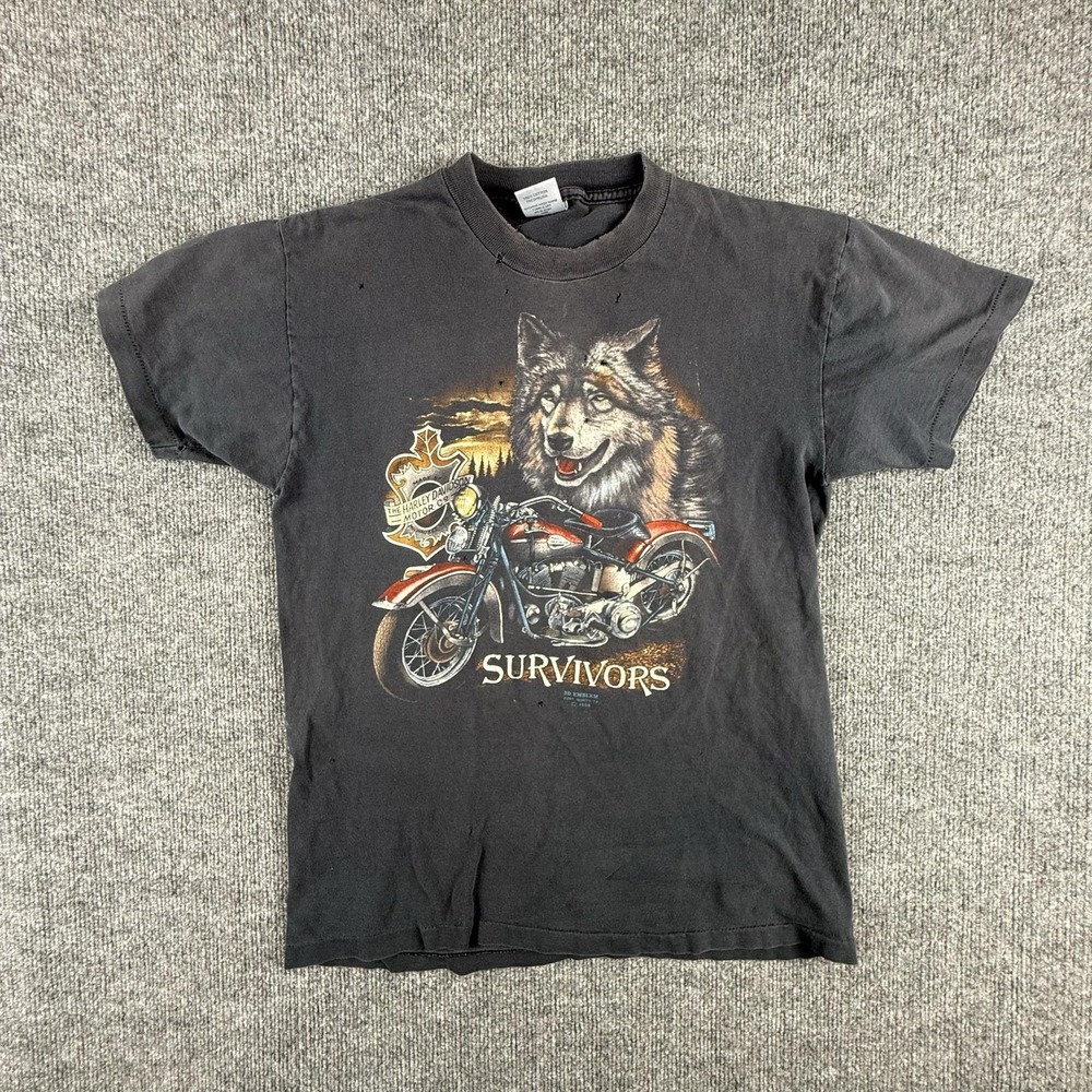 Vintage‎ 3D Emblem Shirt Mens Medium Black Harley-Davidson Wolf Survivors Tee